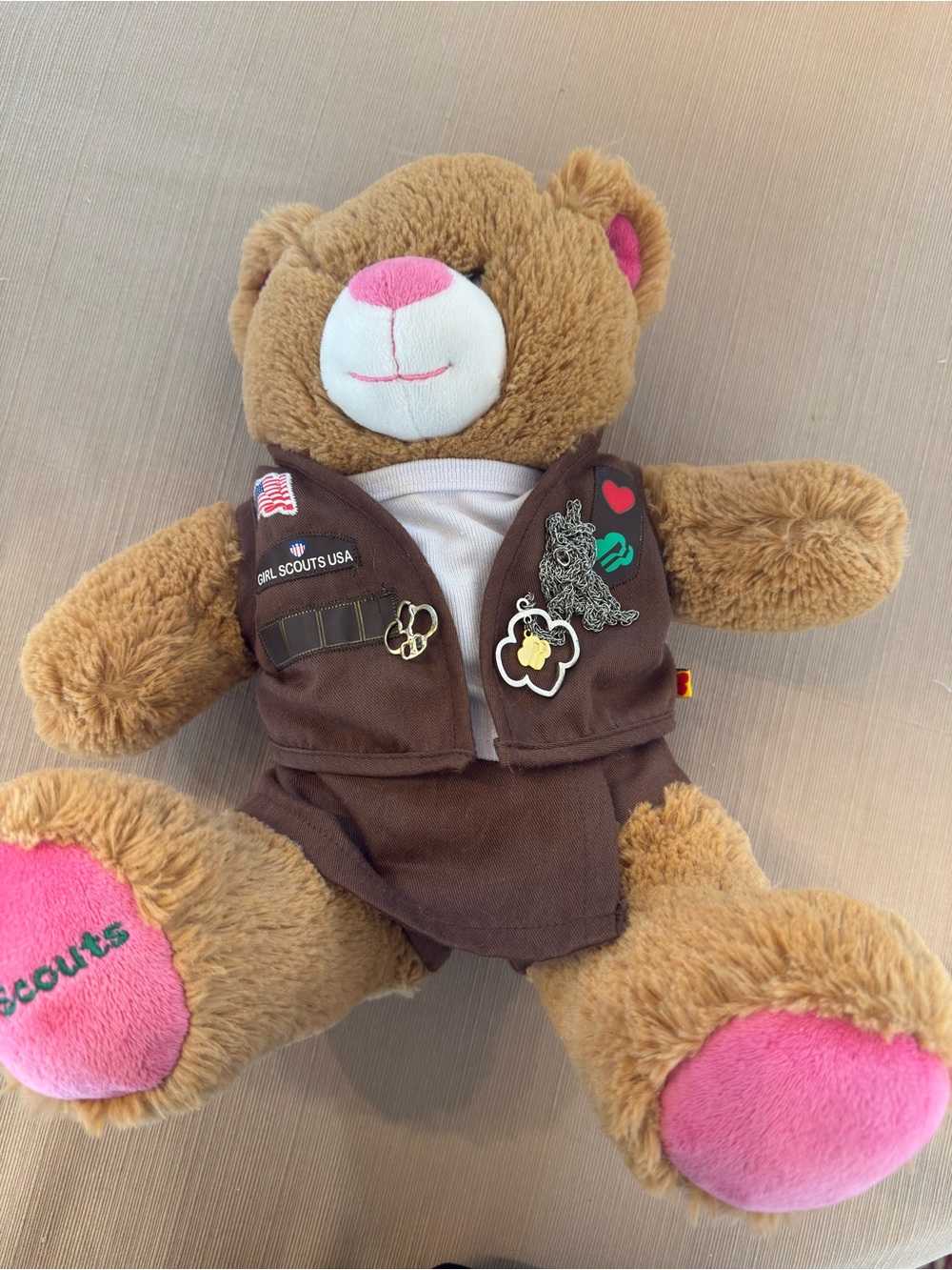 Girl Scouts Anniversary Plush Bear in Brownie Uniform and Girl Scout Necklace